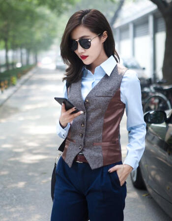 夏尔维纳2018热卖英伦风薄羊毛呢拼接西装马甲女复古背心坎肩外套春秋