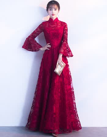 古莱登敬酒服新娘冬季2017新款红色立领长款订婚结婚晚礼服回门服长袖