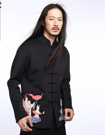 中国风锦衣古画祥云印花男潮牌外套秋冬空气层中式卫衣唐装 黑色 s