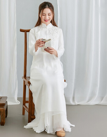 2018年春季新款之韶华 中国风绣花旗袍连衣裙禅意宽松长袍子 月白色