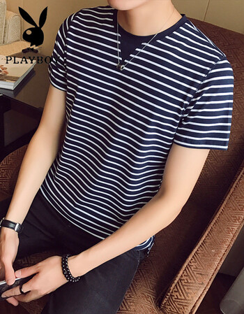 男士t恤 2017新款韩版修身海魂衫男条纹短袖t恤衫男 黑色 xl