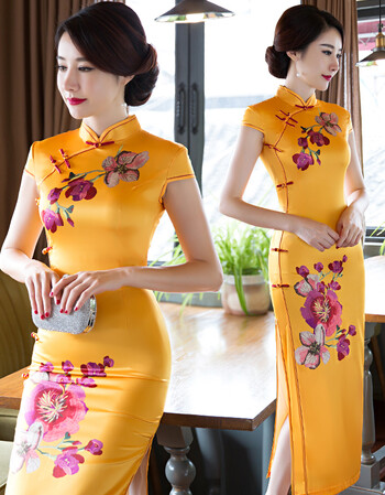 传统中式改良丝旗袍长款短袖日常修身大码显瘦复古演出