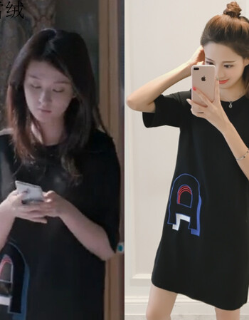珍雪绒欢乐颂2关雎尔关关乔欣明星同款黑色字母绣花t恤连衣裙女夏中长
