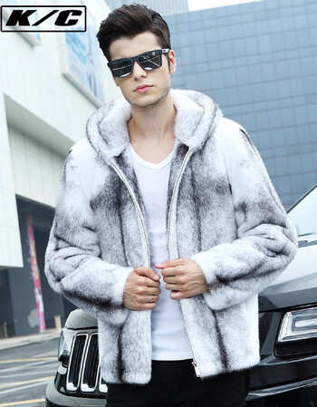 k/c 皮草新款男貂皮大衣十字貂色整貂连帽款男士进口水貂皮草外套海宁