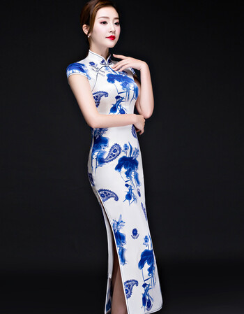 桑蚕丝旗袍裙 改良时尚青花瓷印花长款修身显瘦少女日常连衣裙 青花瓷