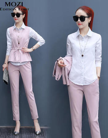 mozi港味套装三件套2018春装新款韩版时尚气质女装衬衫时髦马甲三件套