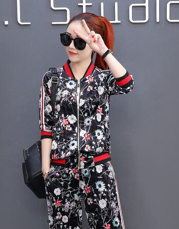 套装女2018春装新款女装韩版休闲时尚运动学生潮卫衣两件套 百花园 xl