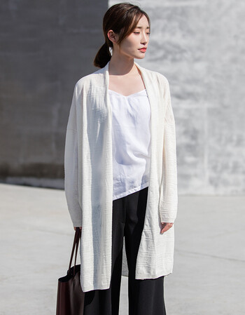 秋季新款中长款棉麻针织开衫女韩版纯色外套修身显瘦长袖毛衣 白色 m