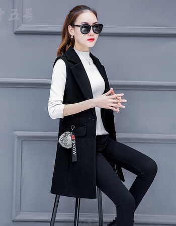 春天外套女中长款2018新款潮时尚百搭小香风修身毛呢马夹韩版马甲