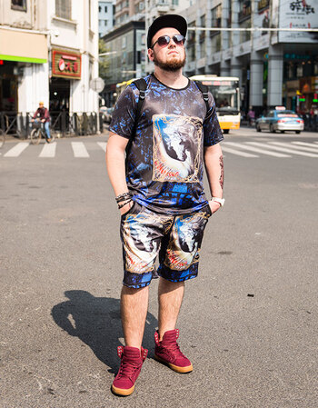 pingyu新款印花休闲套装嘻哈胖子短t袖宽松短裤大码运动套装男加肥