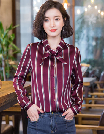 2018春装新款女装韩范显瘦港风坚条纹雪纺衬衫女长袖衬衣 酒红色条纹