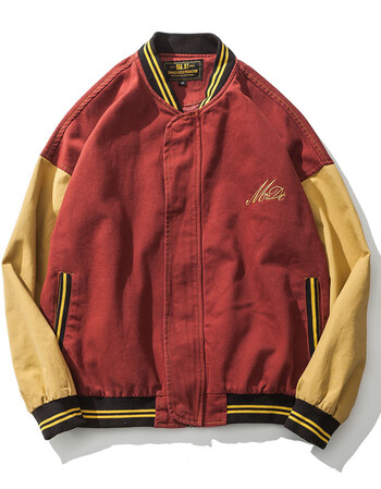 日系复古红黄撞色棒球衣服夹克男士休闲字母印花外套潮男装 酒红色 l