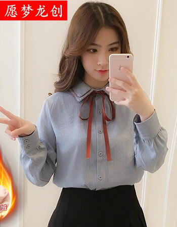 愿梦龙创公主领女衬衫长袖韩范2018春款衬衣女荷叶边蝴蝶结系带新款