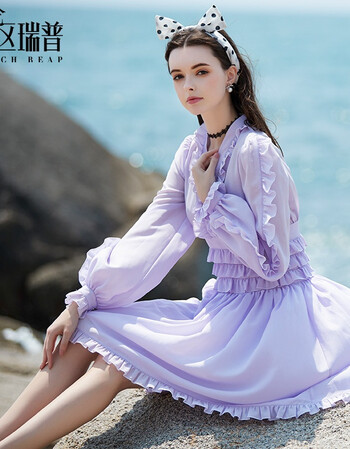 lady系列 高端淑女浪漫荷叶边雪纺连衣裙长袖v领 淡紫色 m