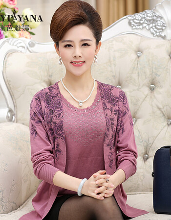 瑞芭雅娜 中老年女装秋装新款长袖真两件中年大码妈妈装上衣两件套针织开衫 紫色 XXL