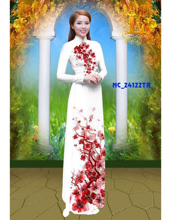 阿坡饵杜鹃花印图花会服装改良版旗袍越南奥黛 白色 xxxl