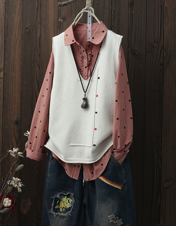 春季马甲女 文艺范v领套头宽松前短后长针织马夹背心上衣坎肩 米白色