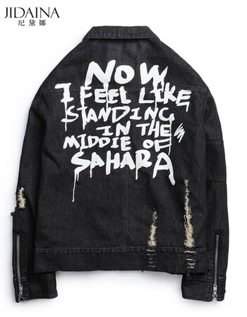 jidaina 2018潮涂鸦字体英文字母黑蓝色牛仔衣男女嘻哈街头破洞夹克