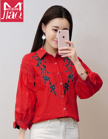衬衫女新品宽松百搭长袖衬衣女学生小清新韩版碎花衬衫女 6097红色