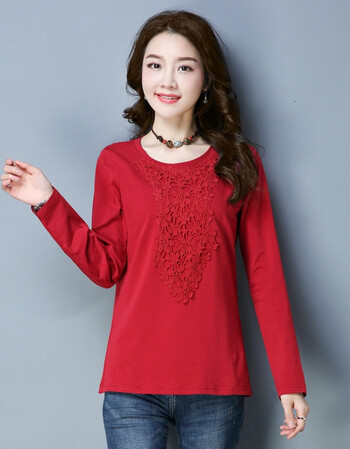 女士打底衫中长款长袖t恤新款春季韩版宽松拼接上衣大码体恤小衫 红色