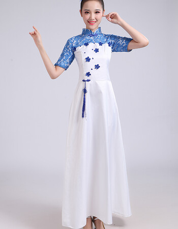 学生合唱演出服大合唱表演服男中山装古筝二胡民乐服装女长裙 蓝长裙