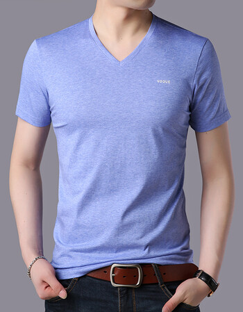 太子龙 短袖t恤男2018夏装新款v领纯色休闲体恤衫男装 蓝色 180/xxl
