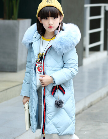 伊优酷奇流行款儿童羽绒服女童长款中大童白鸭绒冬装外套 浅蓝色 130