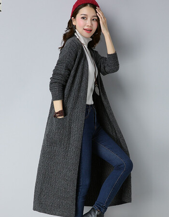 泉秋超长款风衣女外套长过膝宽松粗毛线毛衣大码中长款针织开衫春秋厚