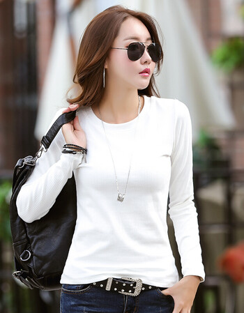 2018新款春季修身纯棉白色圆领长袖t恤女打底衫女百搭体恤上衣潮 白色