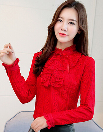 2018新款春季荷叶领长袖蕾丝衫修身显瘦打底大红色镂空上衣小衫女