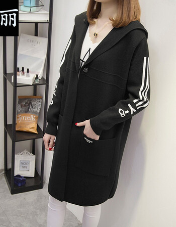 纨丽女开衫加厚中长款连帽针织衫大码宽松显瘦毛衣外套春秋装新款女装