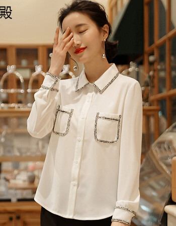 2018早春新款时尚娃娃领衬衫小清新女装撞色上衣宽松长袖衬衣 白色 m