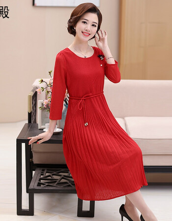 妈妈装连衣裙秋装中年人长袖40-50岁中长款过膝中老年女装长裙子 红色