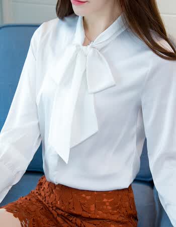 蝴蝶结领韩版衬衫女长袖2018春装新款时尚大码百搭上衣职业白衬衣