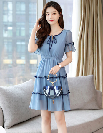 雪纺连衣裙短袖2018夏季新款韩版修身显瘦纯色百搭荷叶边字裙 蓝色