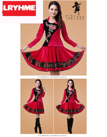 广场舞秋冬装套装跳舞保暖丝绒舞蹈服连衣裙中老年跳舞 【金牡丹】玫