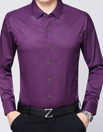 奴商务男士黑色衬衫春秋纯色优雅长袖衬衫男装修身衬衣男爸爸装 紫色