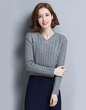 高腰鸡心v领羊绒毛衣女套头宽松秋冬百搭短款长袖针织打底羊毛衫 烟灰