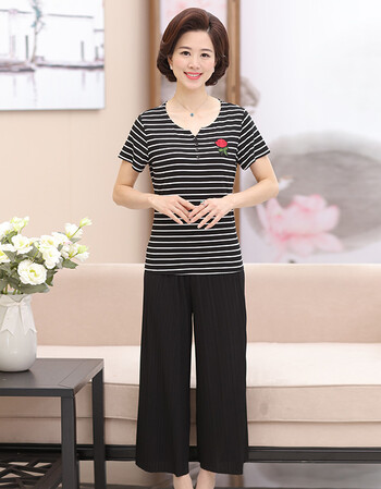 中年妈妈夏装运动套装40-50岁2018新款中老年女装短袖t恤裤子 黑 康晨