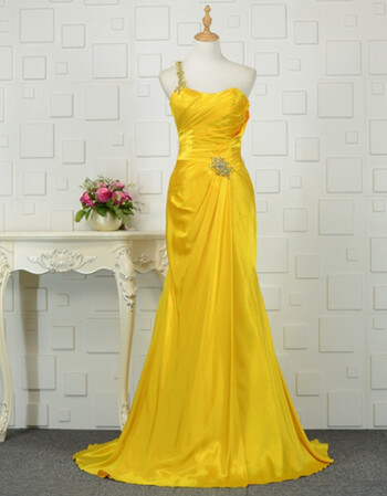 宴会晚礼服长裙缎面单肩大摆主持摄影年会演出晚装礼服裙v 黄色 4码