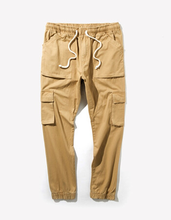 多袋束脚橡胶裤头工装裤男式休闲裤 简约潮流 卡其色 36