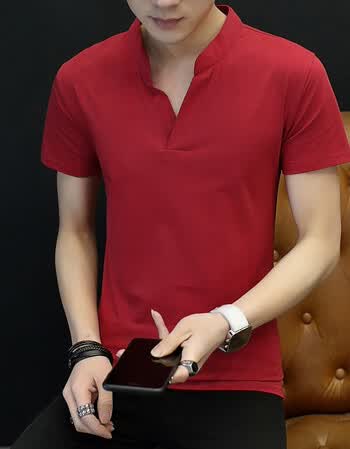2018夏季短袖t恤男修身带领t桖男士成熟半截袖短衫百搭衣服 t03酒红色