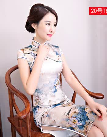 真丝旗袍短款2018夏季新款女日常修身改良显瘦桑蚕丝中长款连衣裙 20