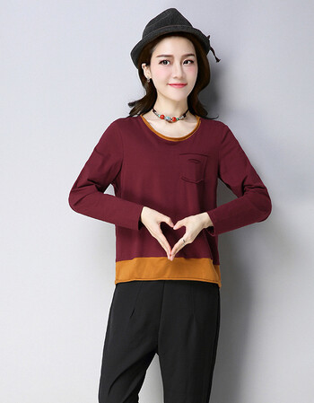 女装大码春秋季文艺范拼接宽松女士t恤中国风民族风长袖上衣 枣红色 l