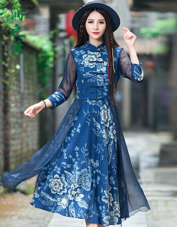 春季新款民族风棉麻雪纺拼接修身连衣裙立领纯手工盘扣长裙子 深蓝色