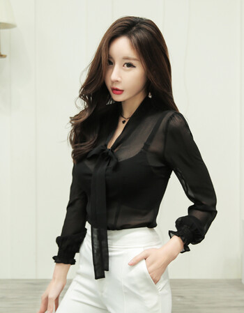 frmz2018新款春夏装时尚韩版性感透视上衣雪纺v领衬衫女 黑色tna0321
