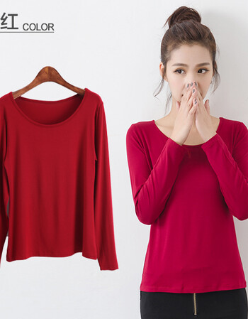 打底衫长袖t恤女圆领秋薄款大码修身紧身内搭纯色打底上衣 酒红色 2xl