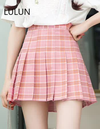 lulun2018夏季新防走光格子裙半身裙裤裙a字裙女红格子软妹百褶裙短裙