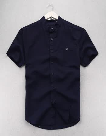 日系复古藏青色清新立领短袖亚麻衬衫 款号154-2 藏蓝色 xxl