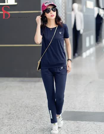 春夏韩版棉大码休闲运动套装女显瘦胖mm短袖t恤长裤跑步两件套 藏青色